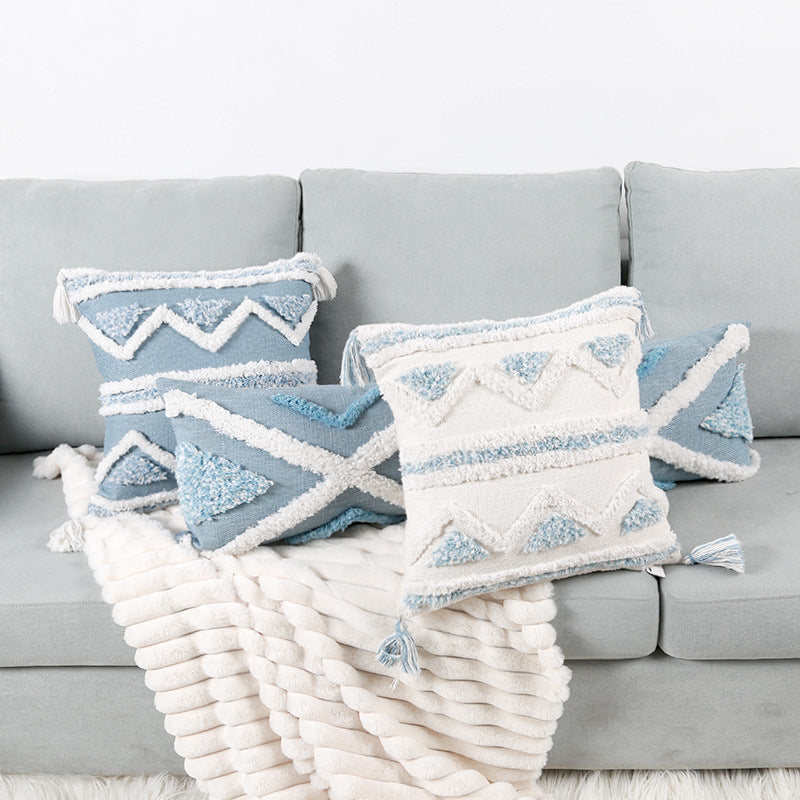 Blue Geometric Tufted Pillow Case