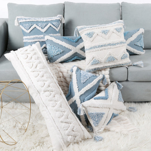 Blue Geometric Tufted Pillow Case